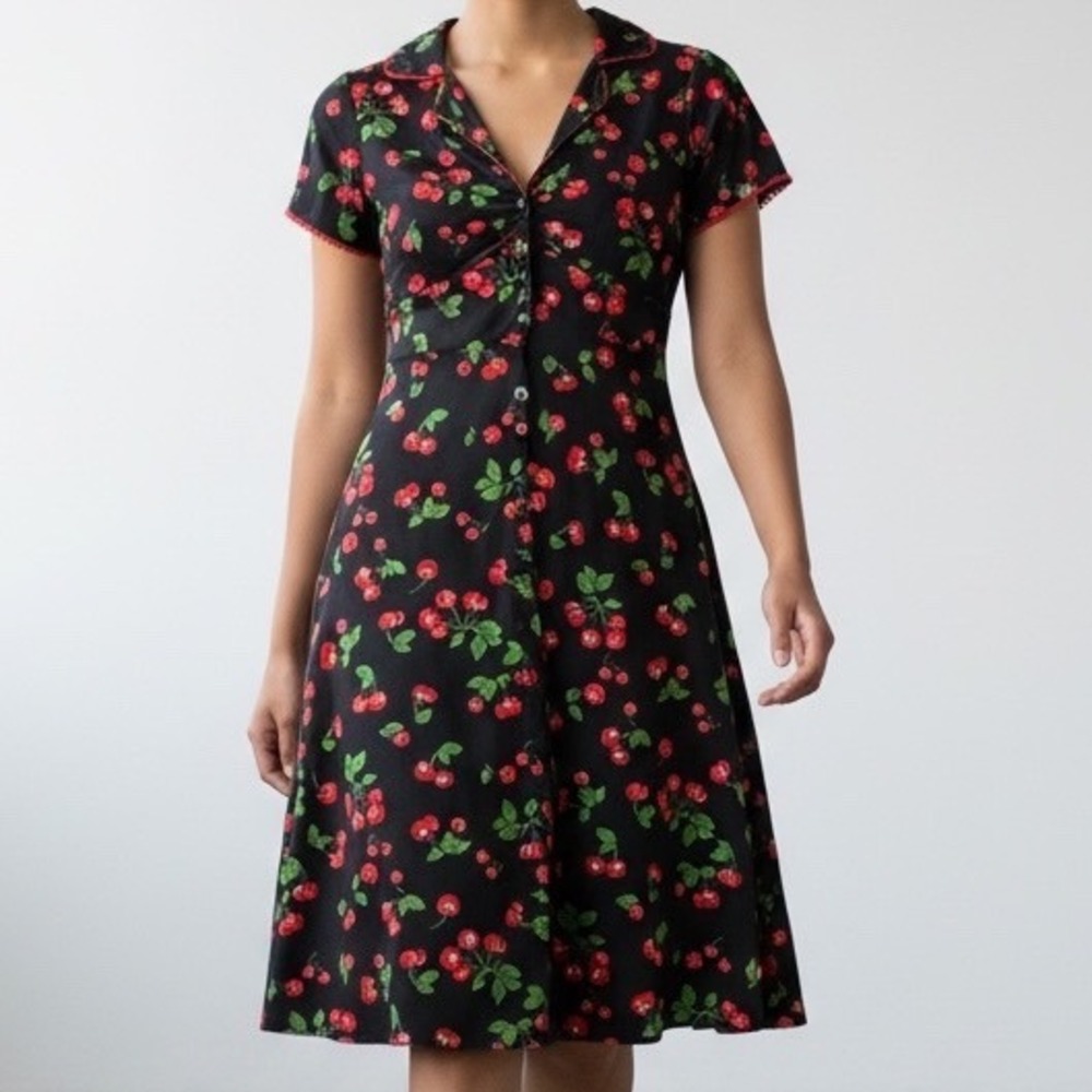 Pin Up Girl‎ Cherry Print Rockabilly Dress Black Cap Sleeve Medium kitschy retro